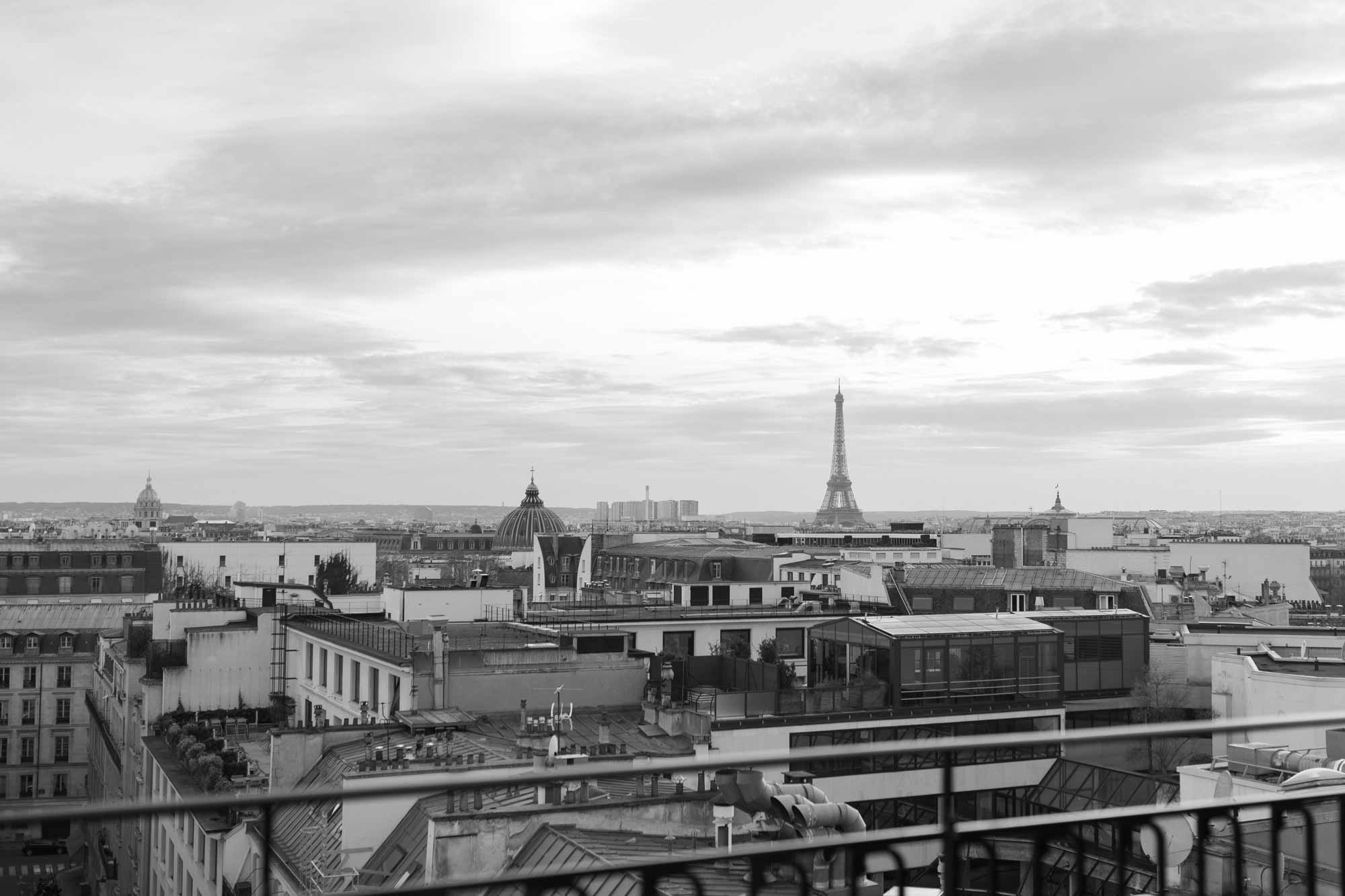 Distant view of the Eiffel Tower overlooking Parisian rooftops.